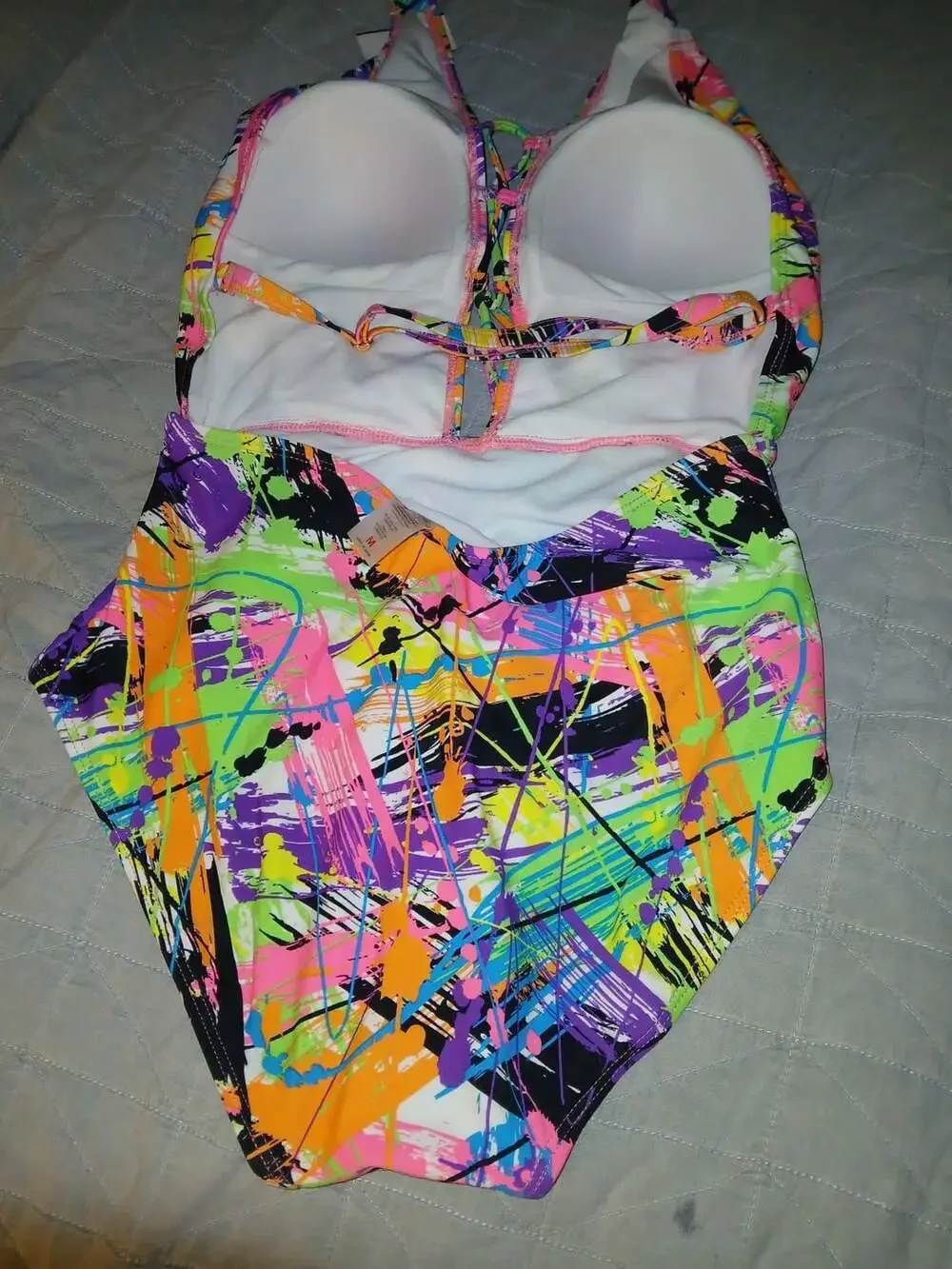 Neon Paint Splatter Halter One-Piece Swimsuit Size M